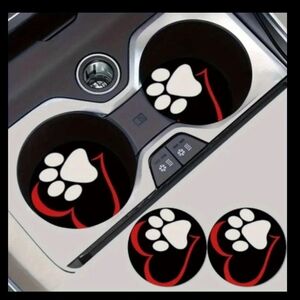 NEW Set of 2 Heart PAW PRINT Rubber Car CUP Coasters Cat or DOG Paw prints